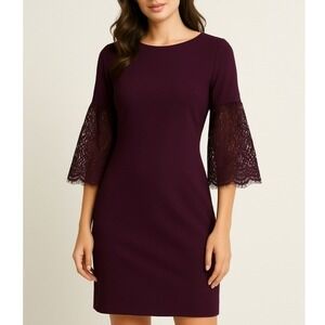 Calvin Klein Cocktail Dress size 4 Purple Lace Bell Sleeve Evening Career Formal